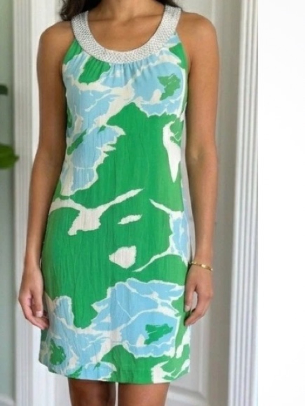 Tory Burch Green Floral Sleeveless dress resort beach silk size 8 sequin - Picture 2 of 4